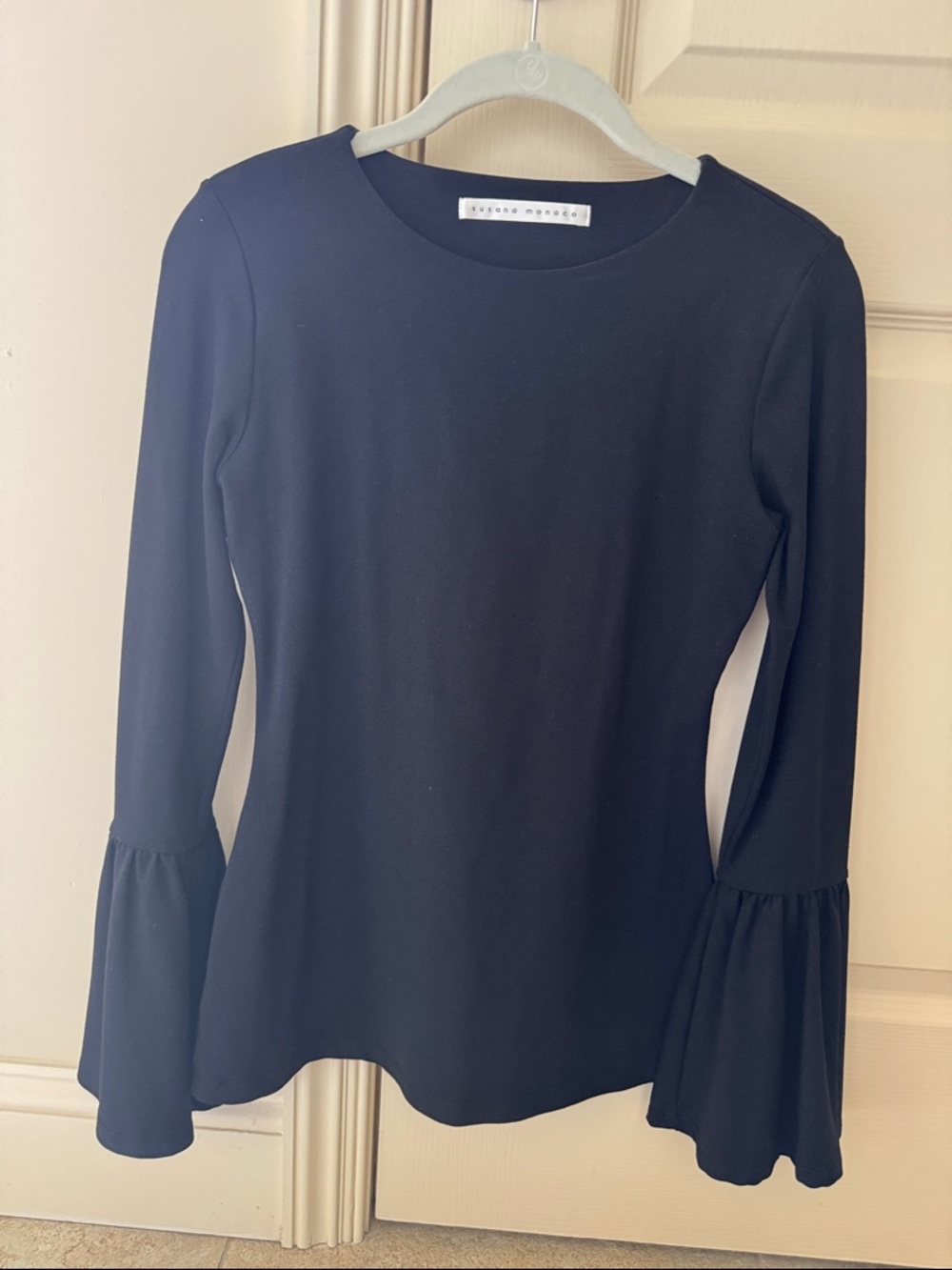 Susana Monaco Black Bell-Sleeve Crewneck Top